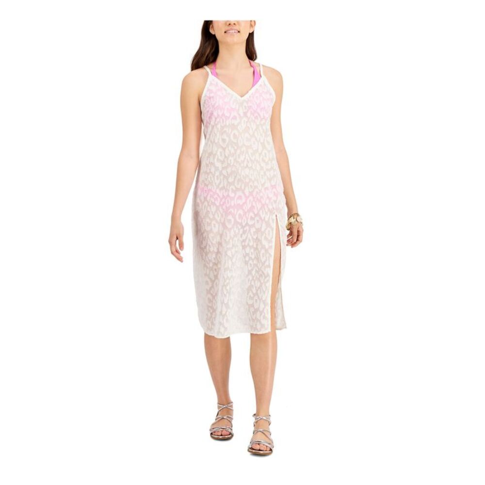 MIKEN SWIM Women's White Textured Slit Dress Metallic Lurex Swimsuit Cover Up S